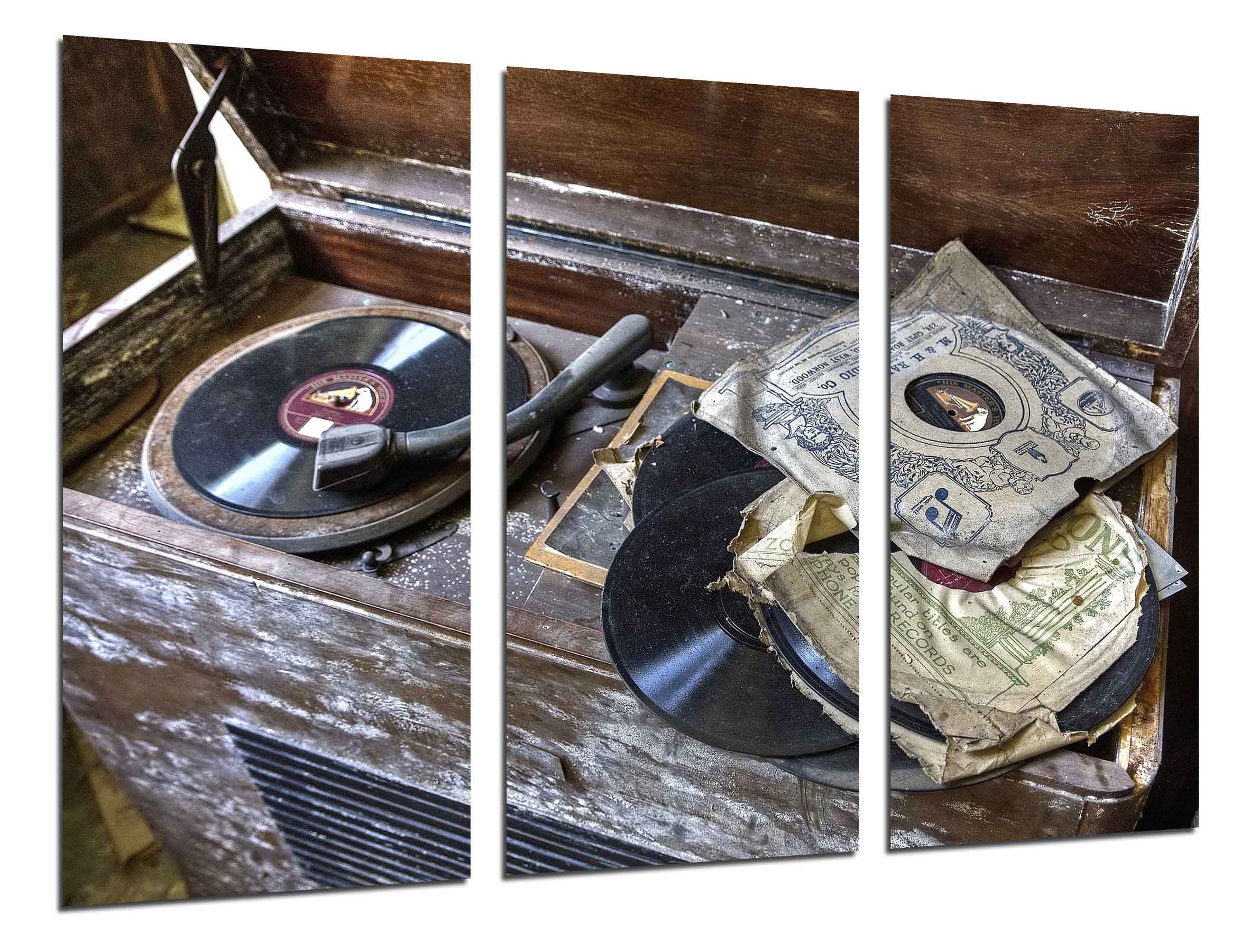 Tocadiscos vintage, discos de vinilo, musica, impresión fotográfica sobre madera, cuadro moderno decorativo