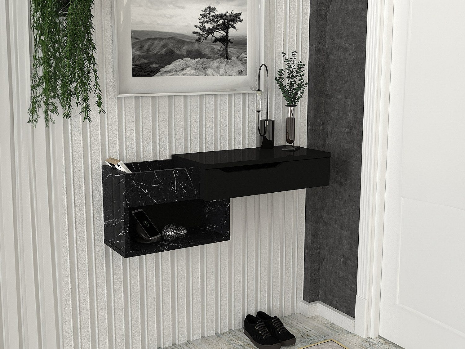 Konsola wisząca z 1 szufladą i z 2 wnękami - Efekt czarnego marmuru - DAREKA