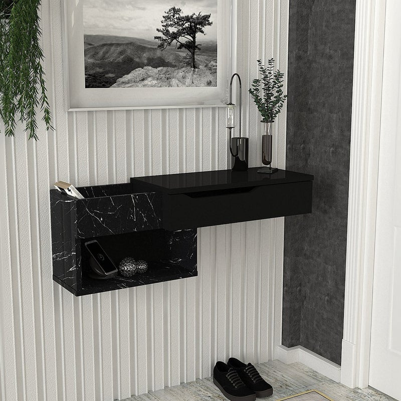 Konsola wisząca z 1 szufladą i z 2 wnękami - Efekt czarnego marmuru - DAREKA