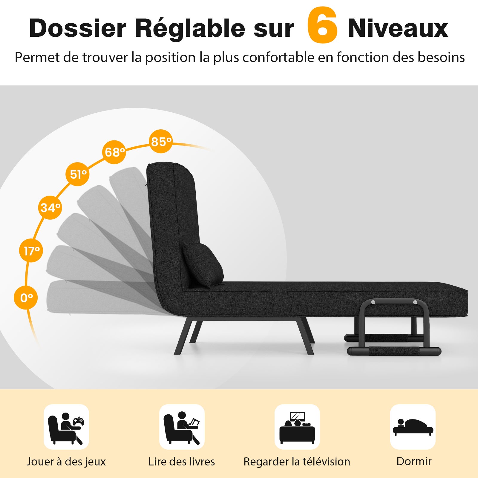 Fauteuil Convertible 1 Place, Chauffeuse 4-en-1 Dossier Réglable 6 Position, Siège Rembourré, Cadre Métal, Canapé-Lit Pliant, Noir - 5
