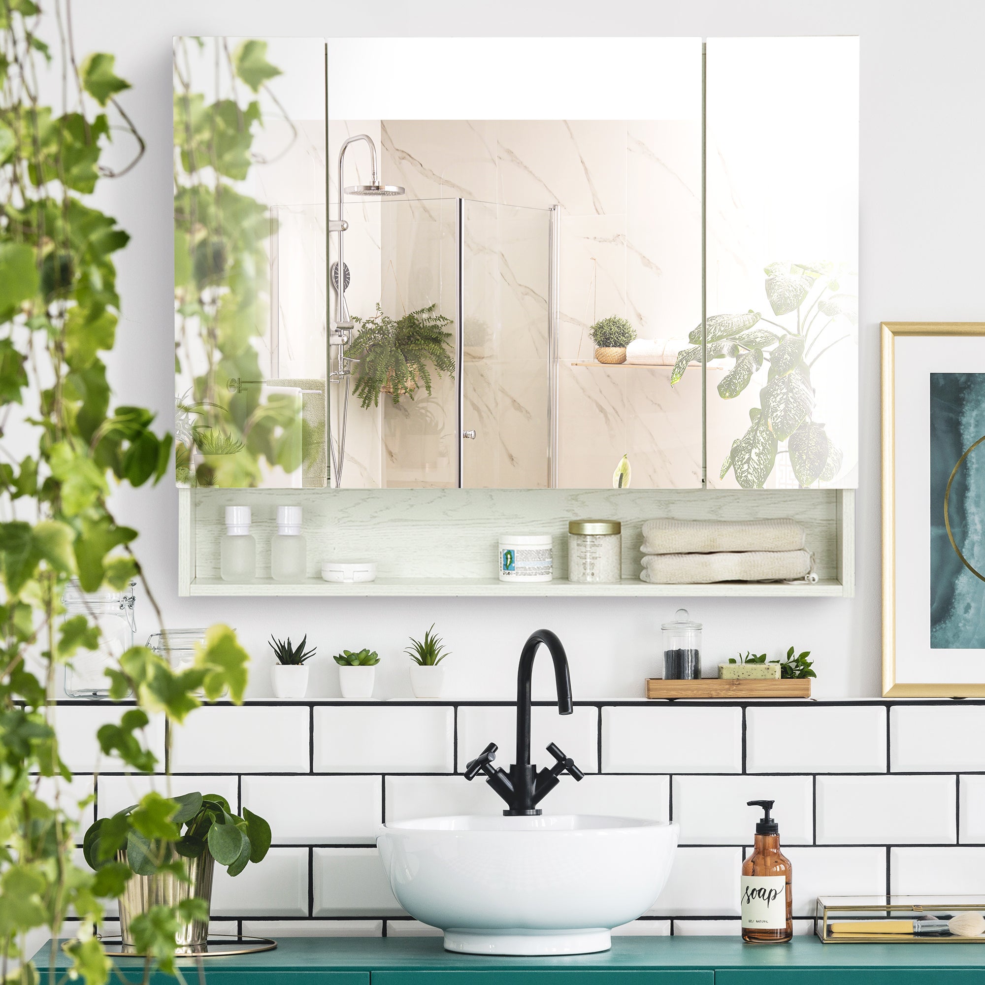 kleankin Armadietto a Specchio per Bagno con Ripiani Regolabili, 3 Porte e Credenze, in MDF e Vetro, 90x15x75 cm, Bianco - 2