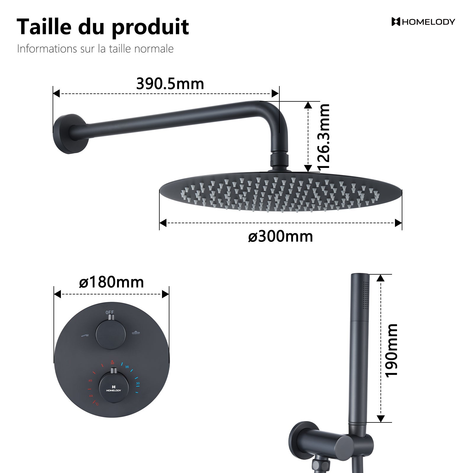 Colonne de Douche Thermostatique Noir en Laiton, Système Encastré avec Tête Ronde 12