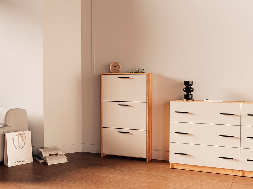 Sapateira com 3 Portas e Pés Mauvella Bege – Móvel Estreito para Sapatos 115x68,5x17 cm – Design Moderno e Funcional, Capacidade para 9 Pares, Fabrica