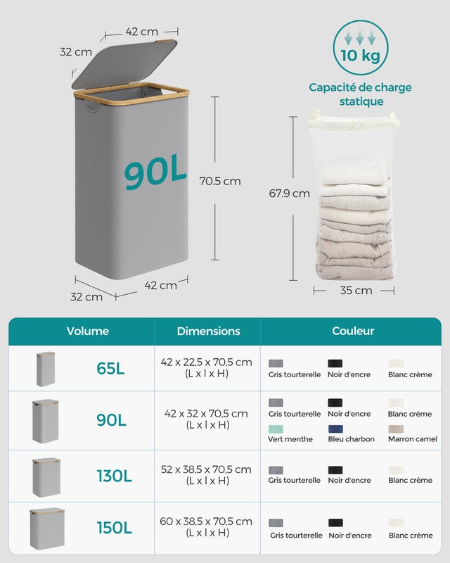 Panier à Linge Mince avec Couvercle, 90L, Doublure en Maille Amovible, Poignées en Bambou, Pliable, 42 x 32 x 70,5 cm, Gris Tourterelle - 5