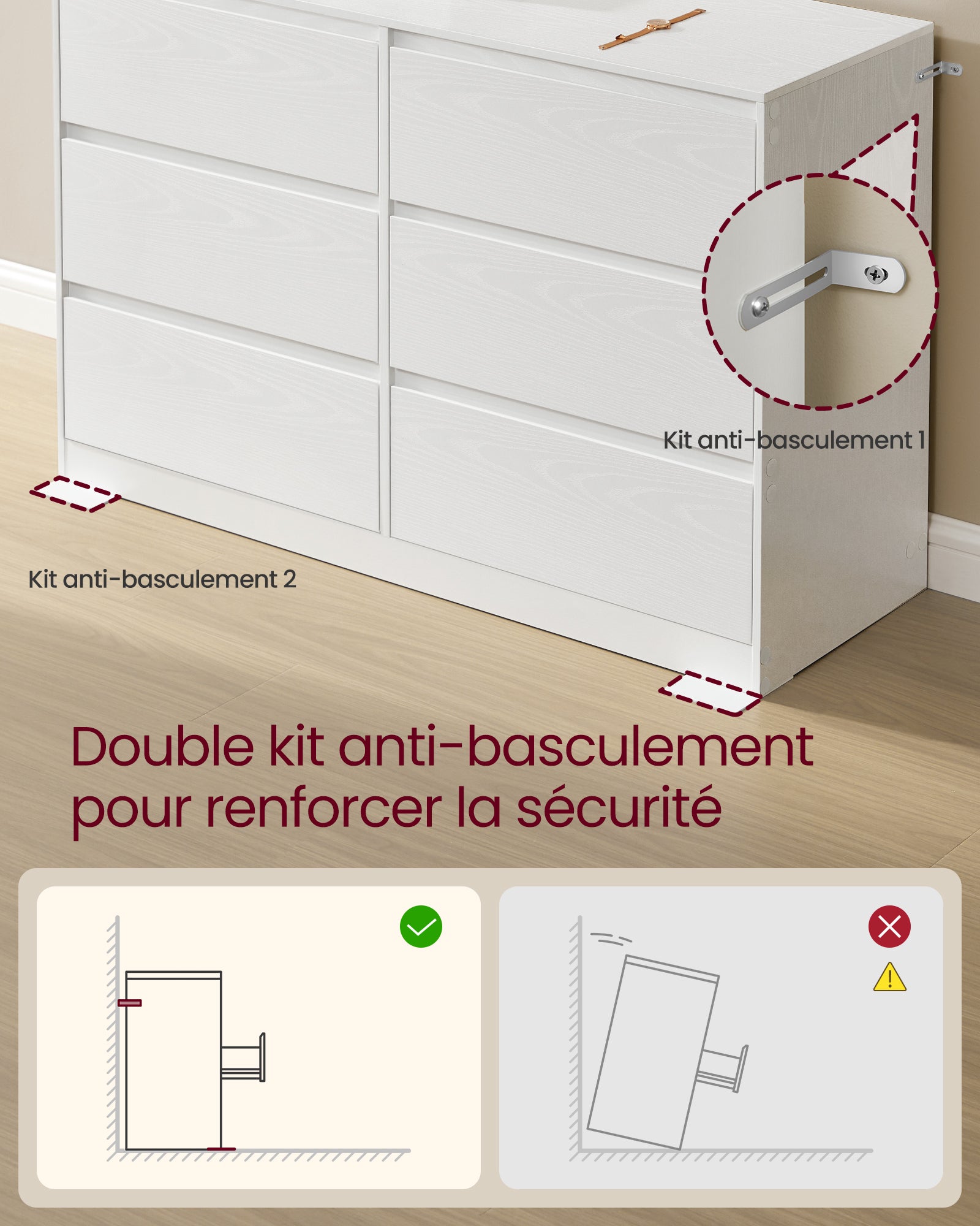 Commode Chambre 6 Tiroirs, Armoire de Rangement, Meuble à Vêtements, 40 x 119,4 x 75 cm, Style Moderne, Blanc Neige - 4