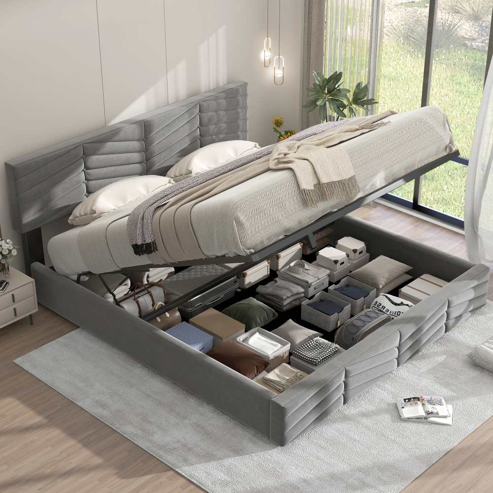 Polsterbett Doublebett 180x200 Hydraulisches Funktionsbett Samt Streifen-Stil mit Höhenverstellbarem Kopfteil und Stauraum