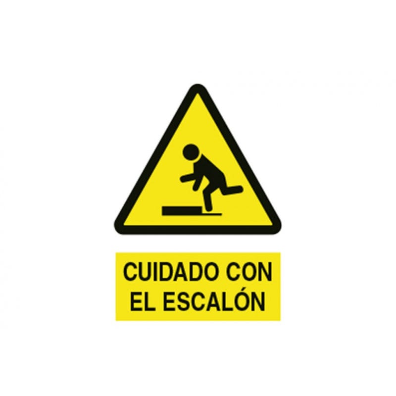 Señal de advertencia y peligro Cuidado Escalón (texto y pictograma ...