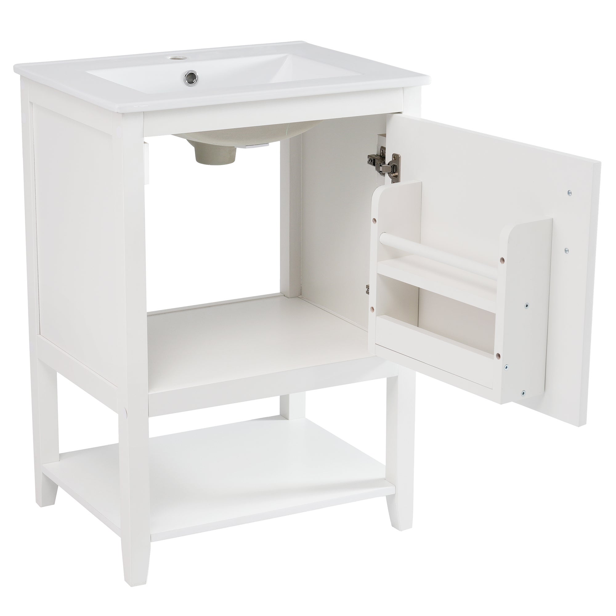 Meuble de salle de bains vasque simple, meuble-lavabo 60 cm avec vasque en céramique et étagère, blanc - 7