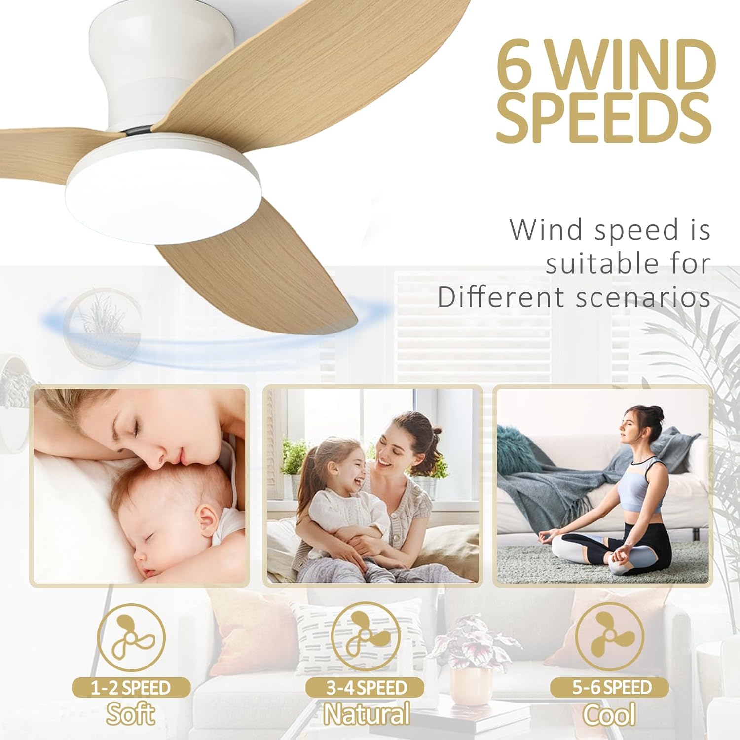 Ventilateur Plafond Silencieux Avec Lumiere Et Telecommande, 100cm Lustre Lampe Intégrée Ventilateur De Plafond, Motor 6 Vitesses Plafonnier Ventilo - 3