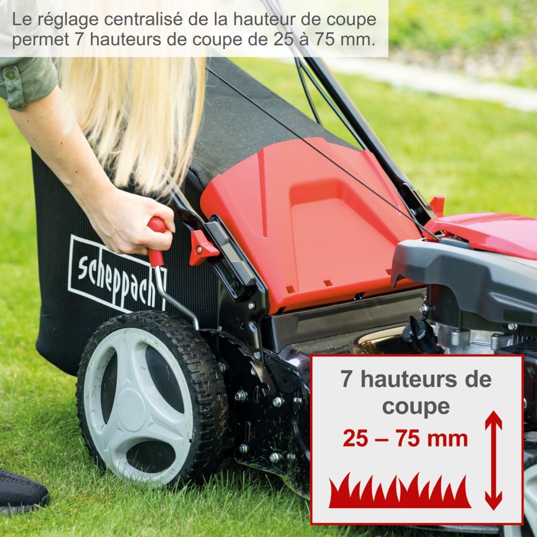 Scheppach Tondeuse thermique MS173-51 - 4T/ 4,1CV - 173cm3 - Largeur de coupe 51cm - Panier 65L - Hauteur de coupe réglable 25-75mm -Ejection latérale - 5