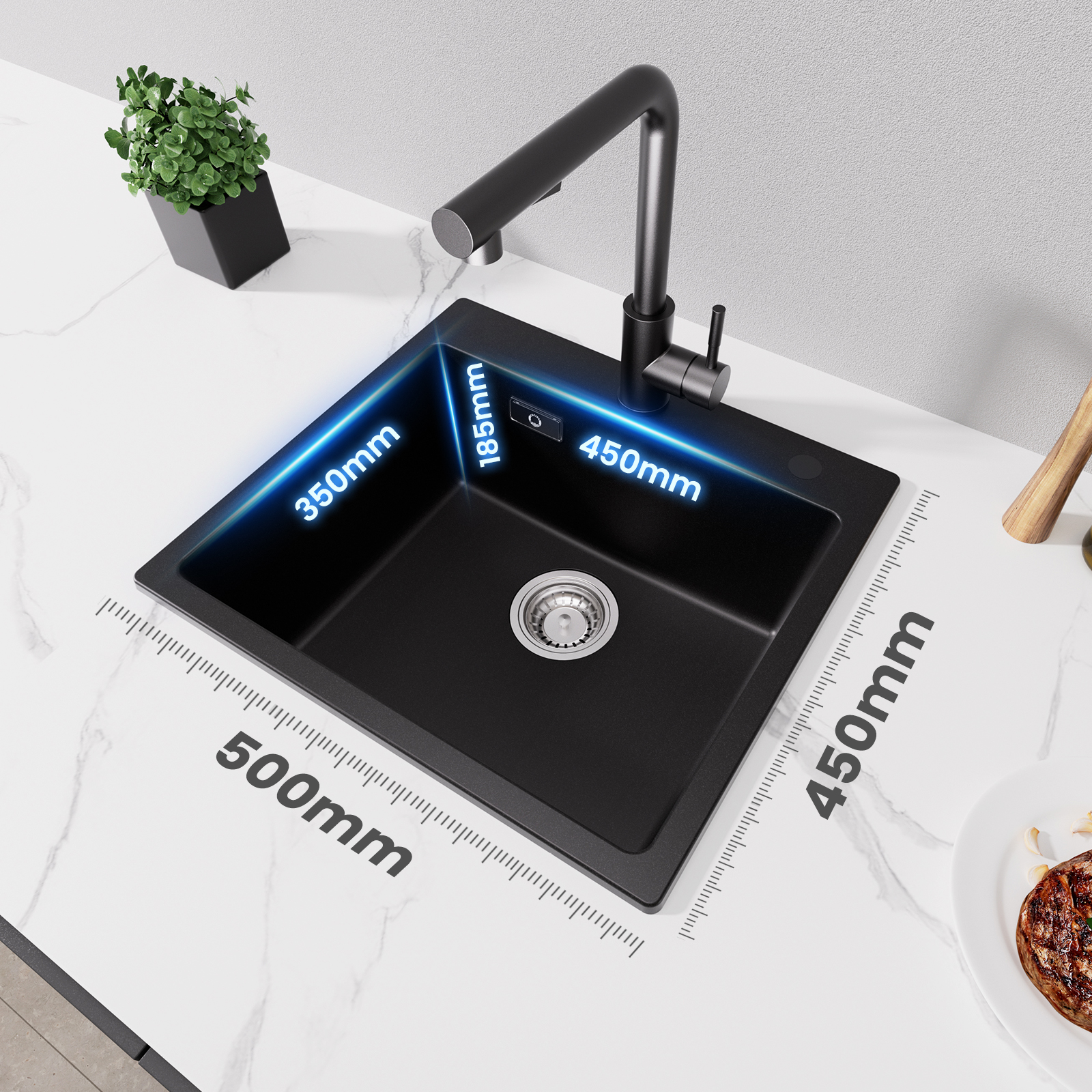 Lavello Cecipa Max 1 Vasca 70×44CM Nero Lavello Da Incasso Con Gocciolatoio E Vasca Miscelatore Cucina Spring Con 3 Modalita Di Uscita Acqua Nero - Foto 6