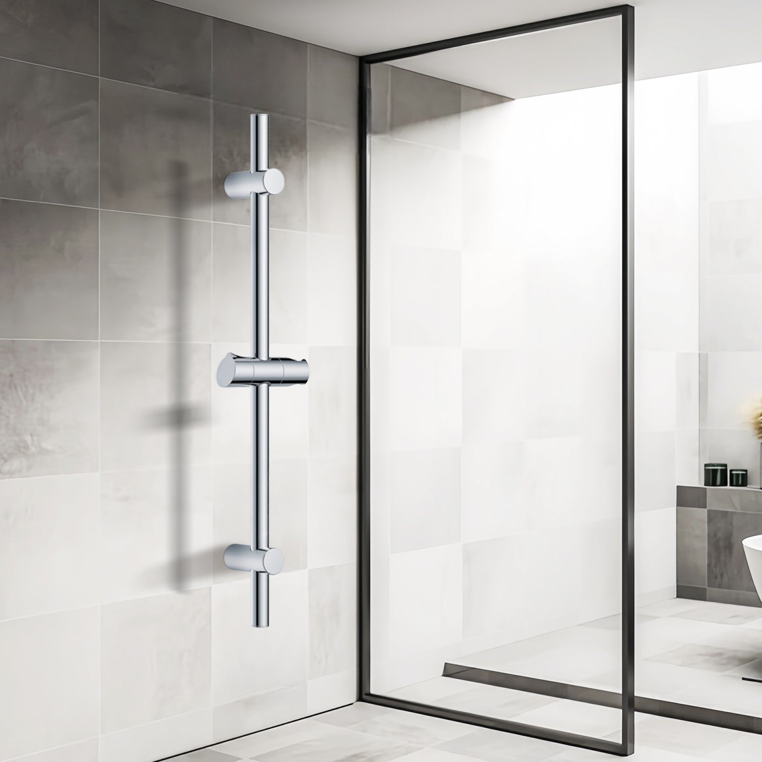 Barre de douche Chromé 70cm, Barre de douche en acier inoxydable avec Support de pommeau de douche pivotant à 360° - Fixations murales ajustables - 6