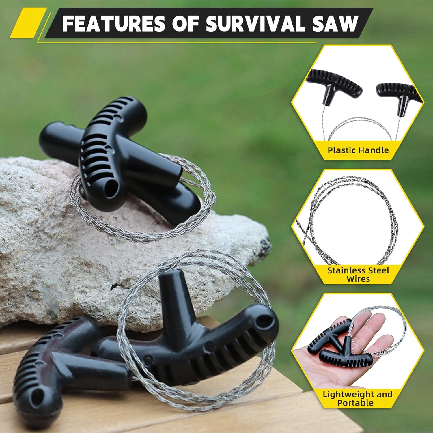 Scie à fil en acier inoxydable, scie à câble de 70 cm, outil de coupe de corde de poche, adapté à la survie en extérieur. - 3