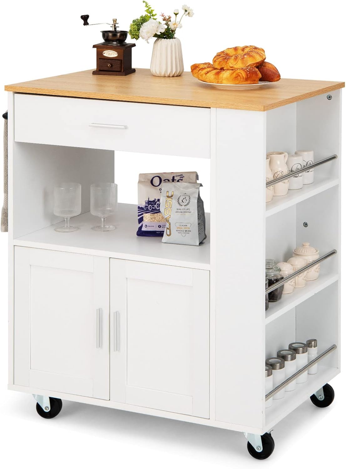 Wózek Kuchenny na Kółkach, Szafka Kuchenna z Szafką, Szafką, 3-poziomowym Stojakiem na Przyprawy i Wieszakiem na Ręczniki, 82 x 50 x 92 cm, Biały