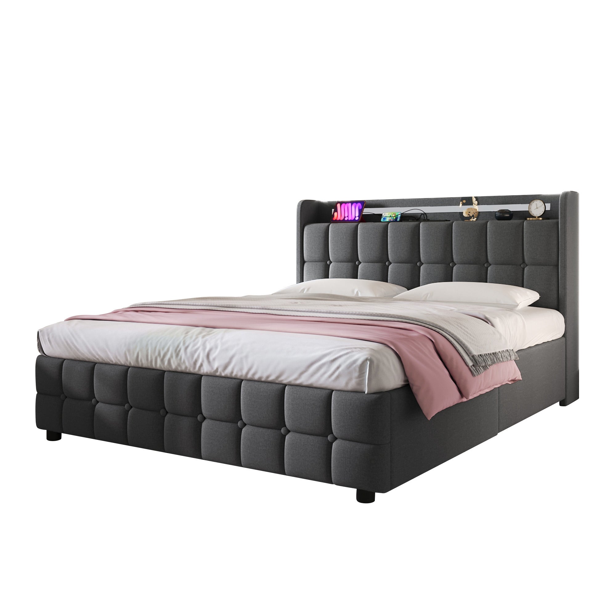 Letto Matrimoniale 180x200 Cm Con LED E Ricarica USB | Contenitore Idraulico In Velluto Grigio, Con Porte USB E Tipo C