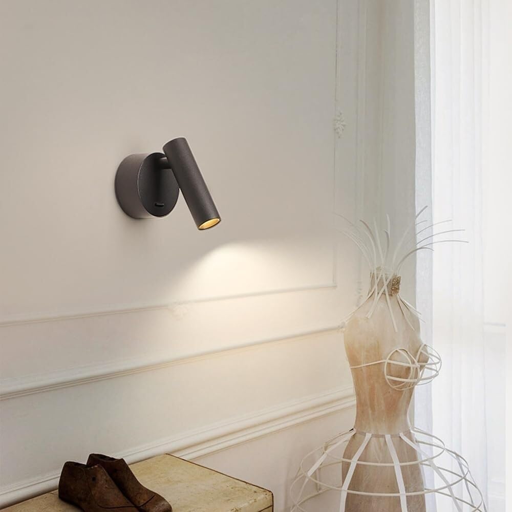 Applique murale LED 5 W orientable (Noire) — Lampe de lecture avec interrupteur, raccordement direct — Luminaire pour chambre, bureau, chevet ou hôtel - 5