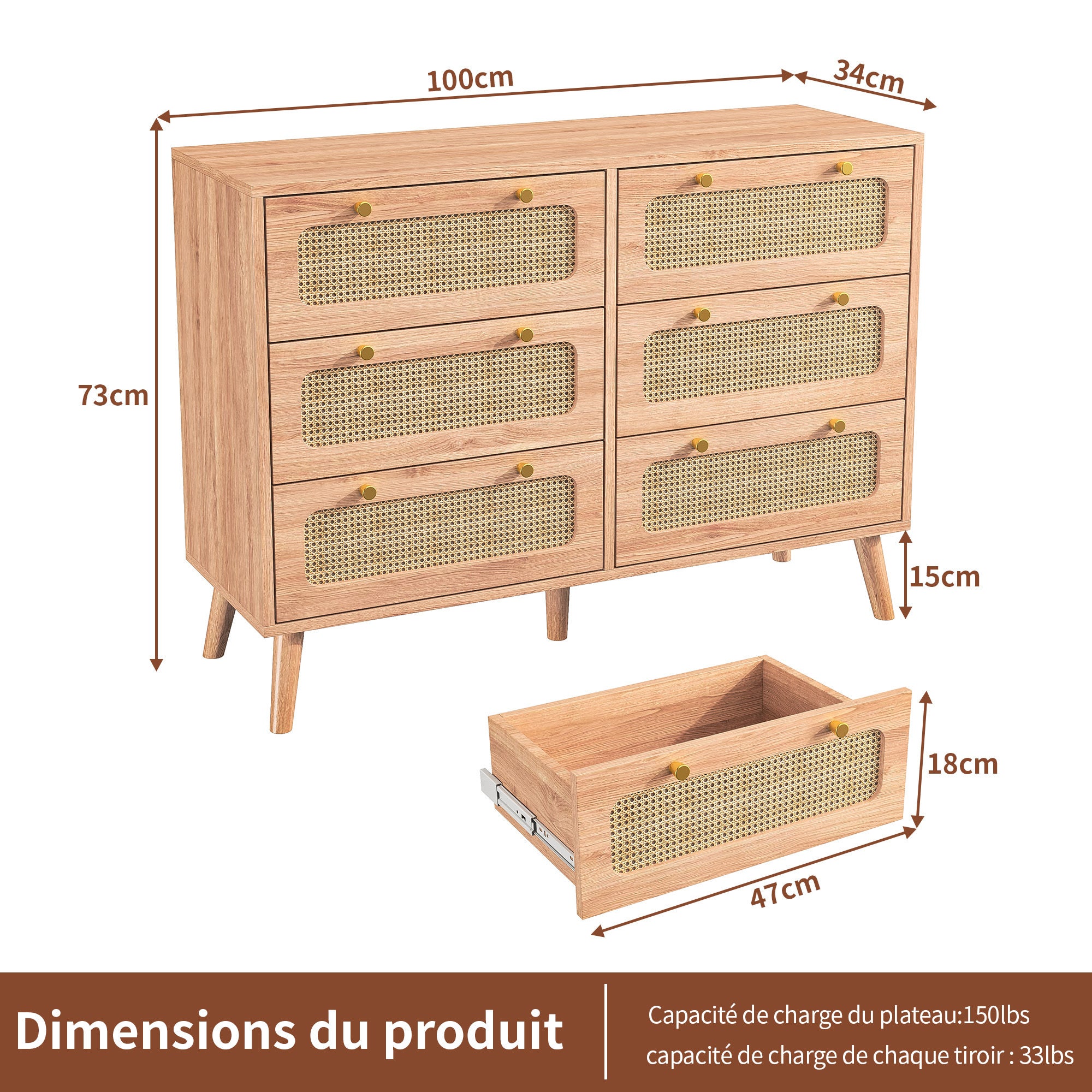 Commode à 6 tiroirs en rotin - 100x34x73cm - avec poignées en métal - pour chambres, salons, bureaux - Couleur bois - 4