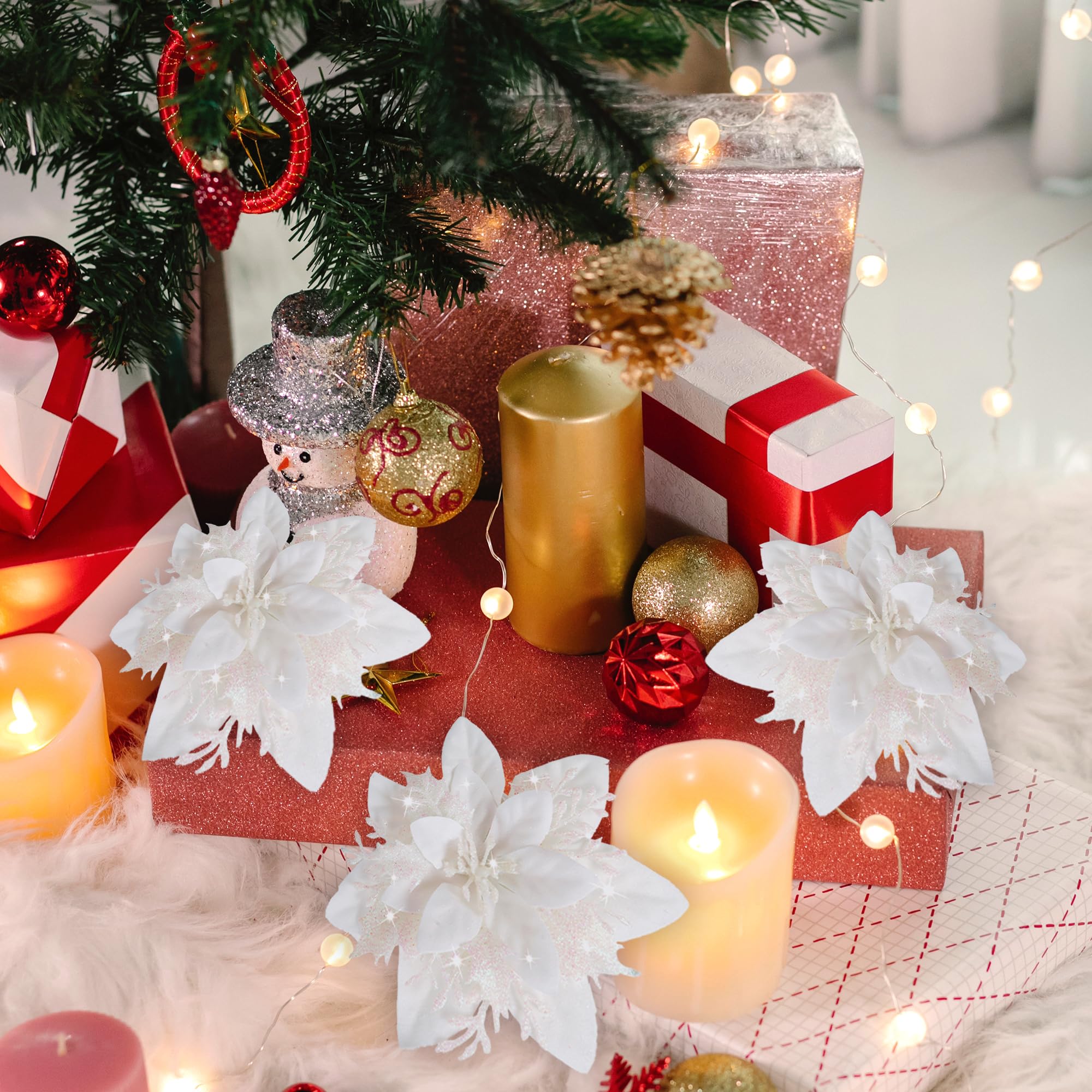 Lot de 20 décorations de Noël, fleurs artificielles scintillantes avec clips, décorations pour sapin de Noël, pendentifs de fleurs artificielles - 6