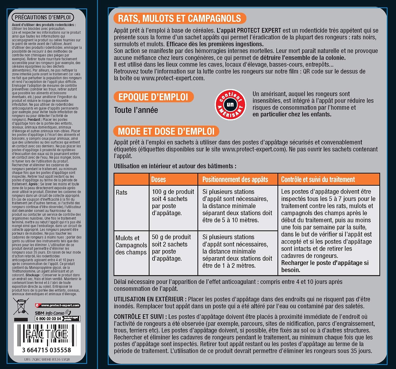 Versione italiana — RAMUCAM150 Anti Rats, Mulots & campagnols - 6 sachets de céréales - Lieux Secs - 125g - Efficacité Maximale - Une Ingestion Suffit - 2