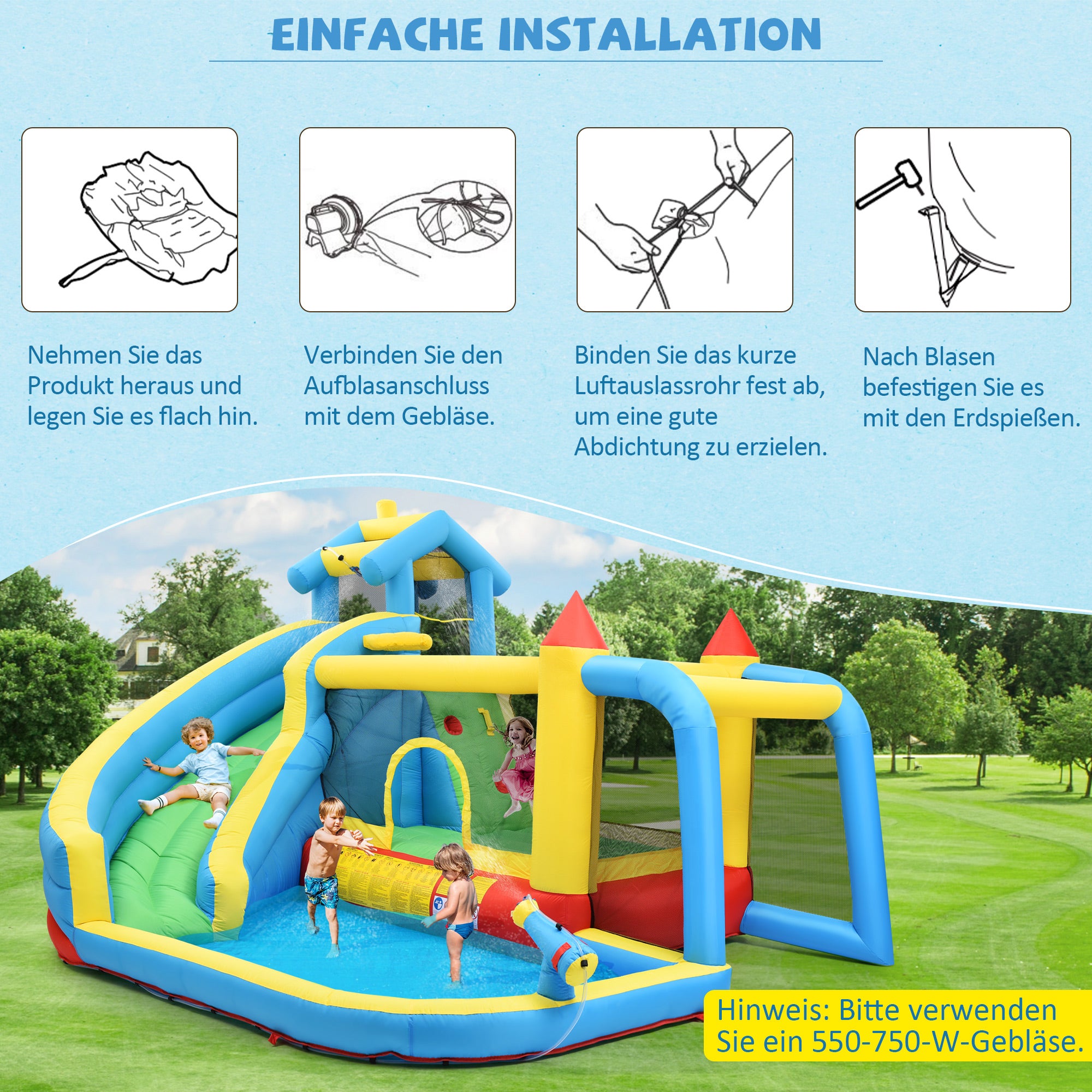 Aire de jeux 5 en 1 avec toboggan, zone de saut, piscine d'eau, filet de football - 364 x 315 x 239 - Tissu Oxford - Bleu - 7