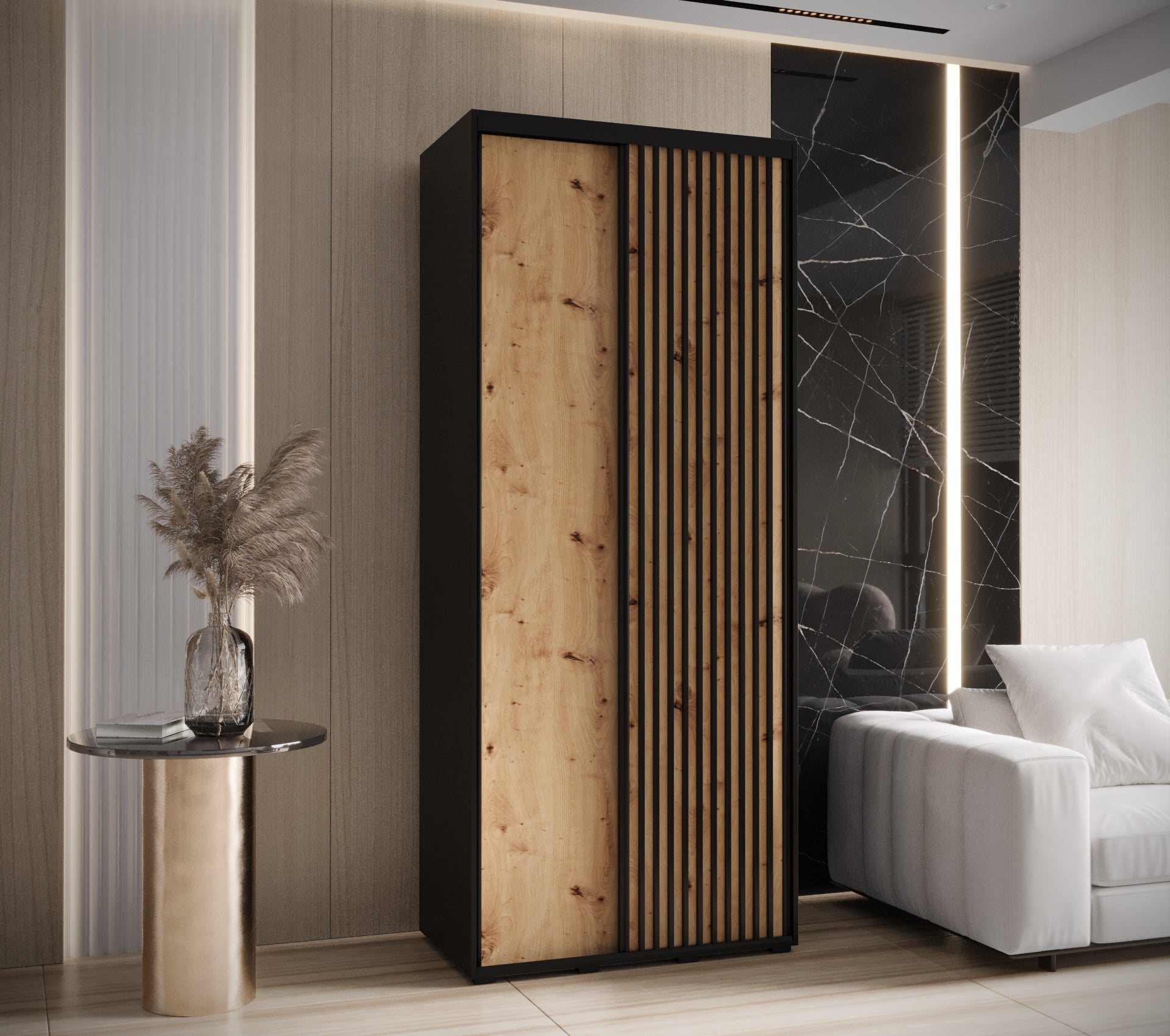 Szafa przesuwna wysoka Lanko 1 120 x 60 x 235,2 cm czarny + artisan + lamele czarny - Abiks Meble - 2