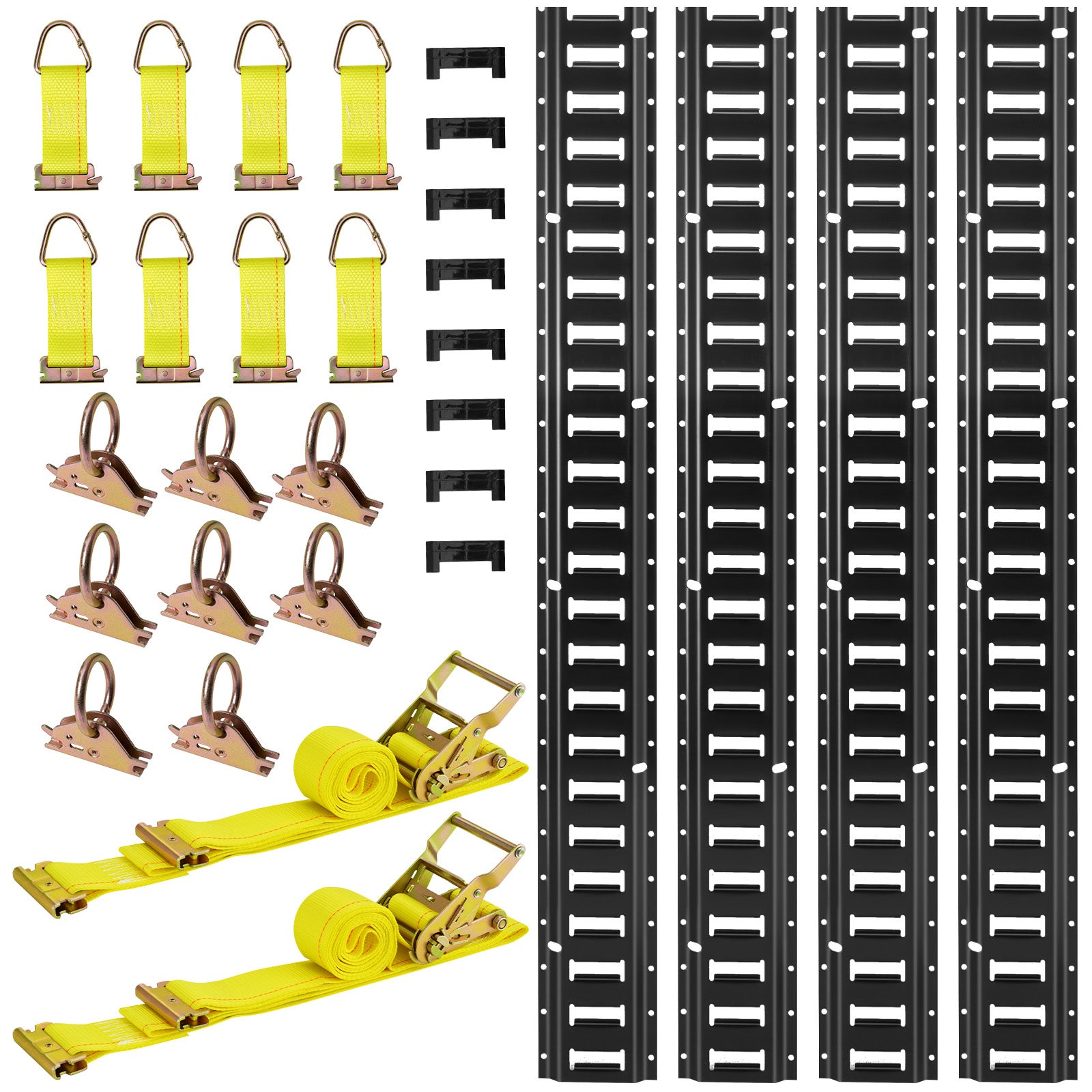 Szyny E Track VEVOR 7.7 ft zestaw 4 szt 2000 lbs pasy zapadkowe uchwyty D ring system mocowania ladunku