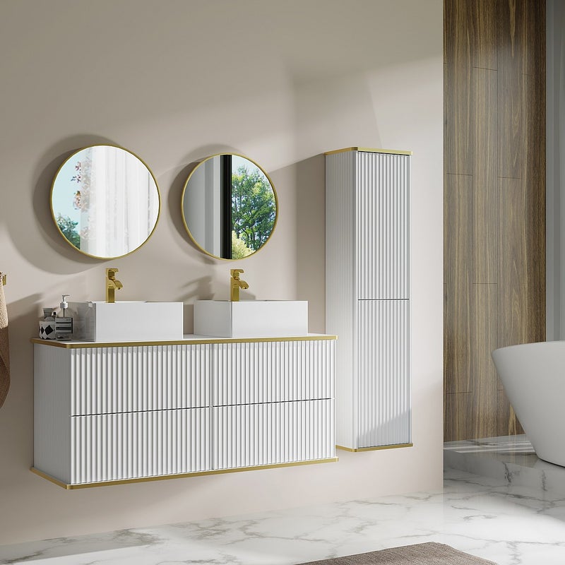 Podwieszana szafka łazienkowa prążkowana , z podwójną kwadratową umywalką nablatową i słupkiem - Biała - 120 cm - KELIZA