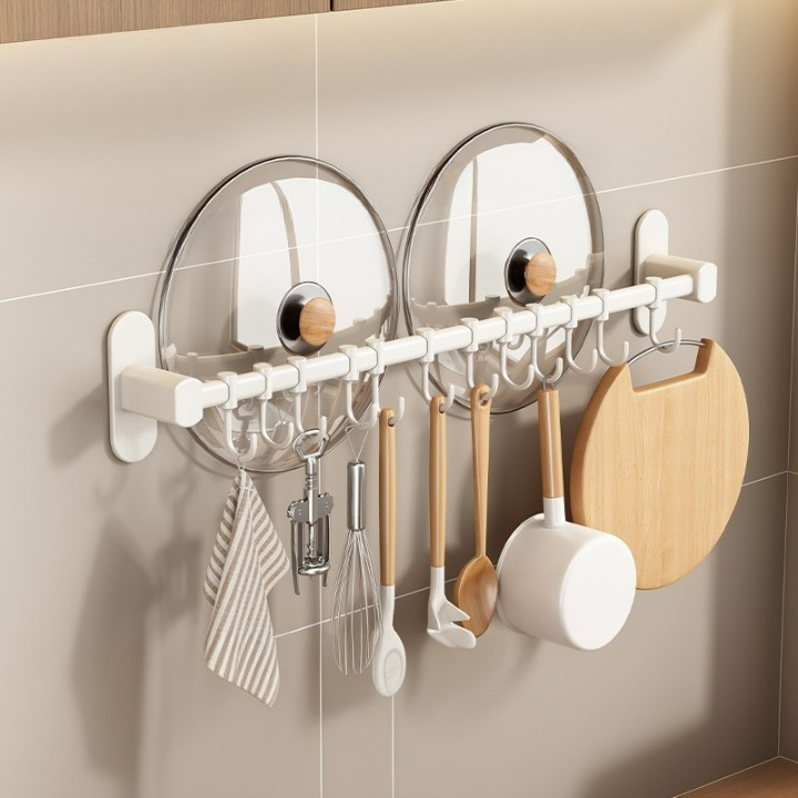 Aluminiowy uchwyt na noże z haczykami, uchwyt na pokrywkę garnka - uchwyt na noże * 2 + haki * 12 - biały 70 * 8,5 * 6,5 cm