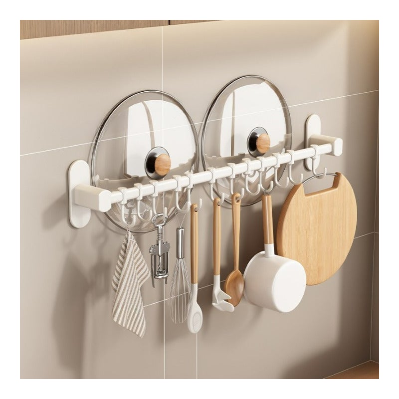 Aluminiowy uchwyt na noże z haczykami, uchwyt na pokrywkę garnka - uchwyt na noże * 2 + haki * 12 - biały 70 * 8,5 * 6,5 cm