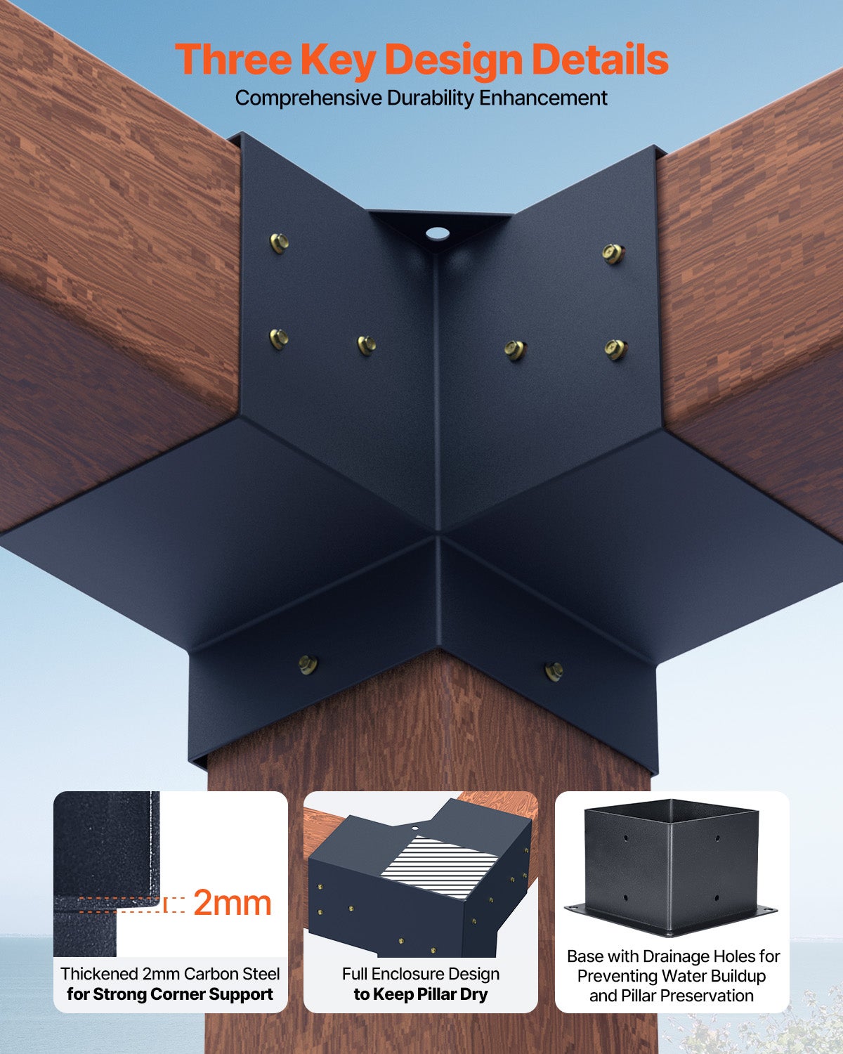 Kit Supports Pergola VEVOR 6x6 pouces (int. 5,5x5,5),4 Supports Angulaires 3 Voies,Base DIY Bois pour Pergolas,Gazebos,Cabanes - 3