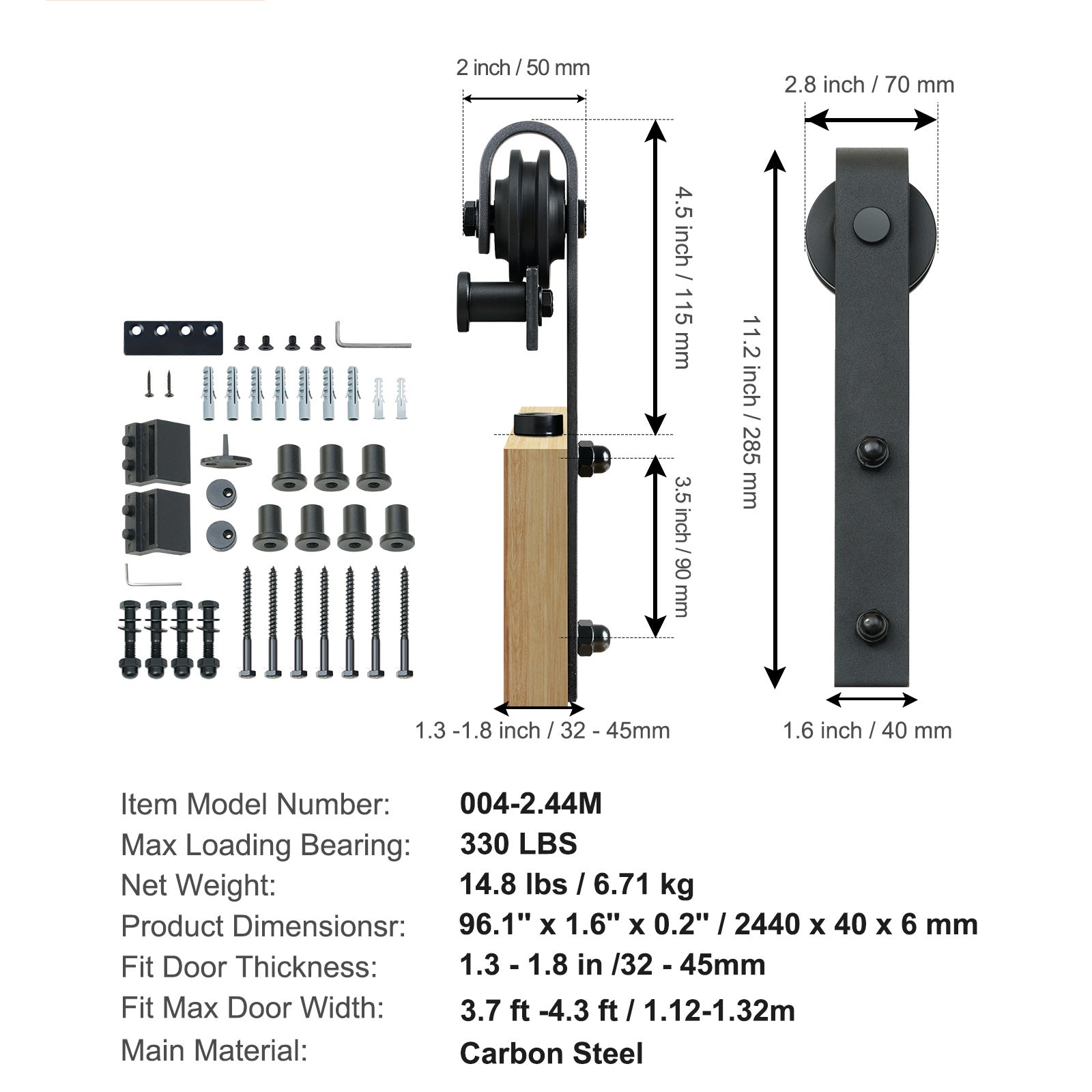 Kit Herramientas Puerta Corrediza SucceBuy 8 Pies,Riel Robusto 330 lb para Puerta Simple,Compatible con Paneles 3,7-4,3 Pies,Polea en J Silenciosa - 9