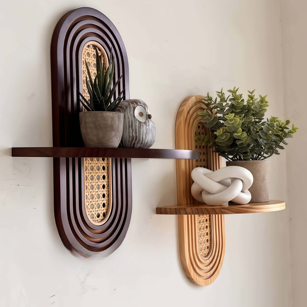 Etagère Murale Moderne En Rotin, Étagère Suspendue Bohème, Décoration Murale Arquée Pour Chambre À Coucher Et Salon, Couleur Bois Originale - 6