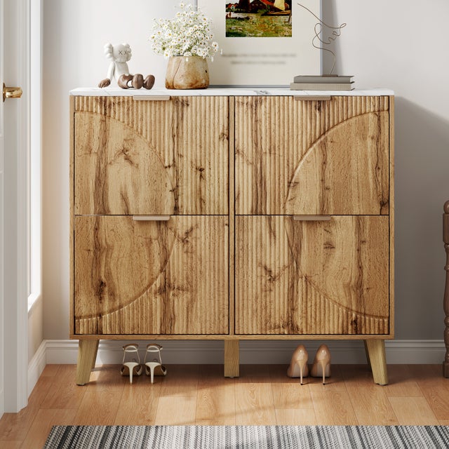 Scarpiera con 4 ante a ribalta e piano effetto marmo - MDF e gambe in legno massello - 105 x 24 x 95,5 cm - Naturale