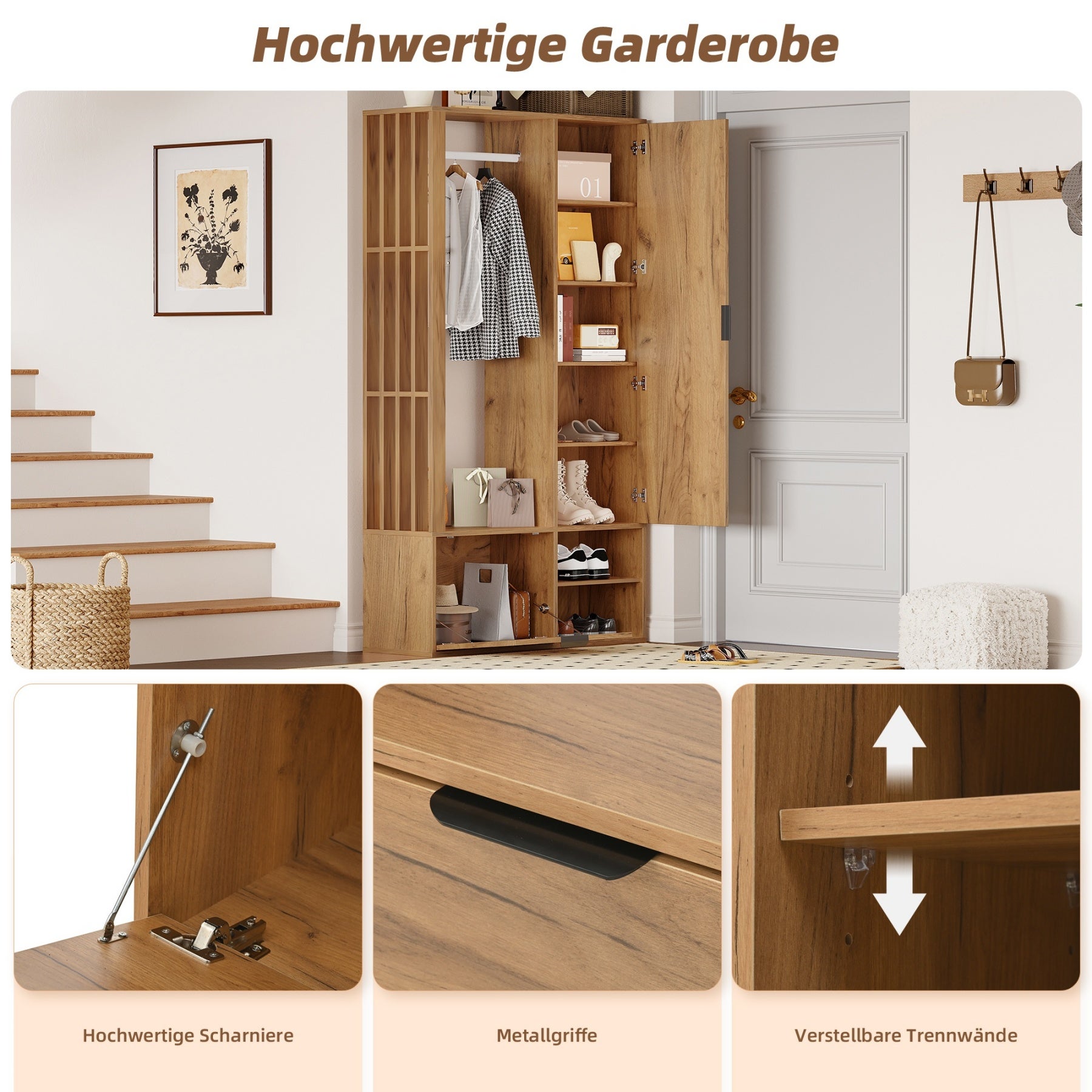 Ensemble vestiaire d'entrée 100x33x190cm - avec meuble à chaussures - avec miroir - 2 portes - panneaux de particules - naturel - 9