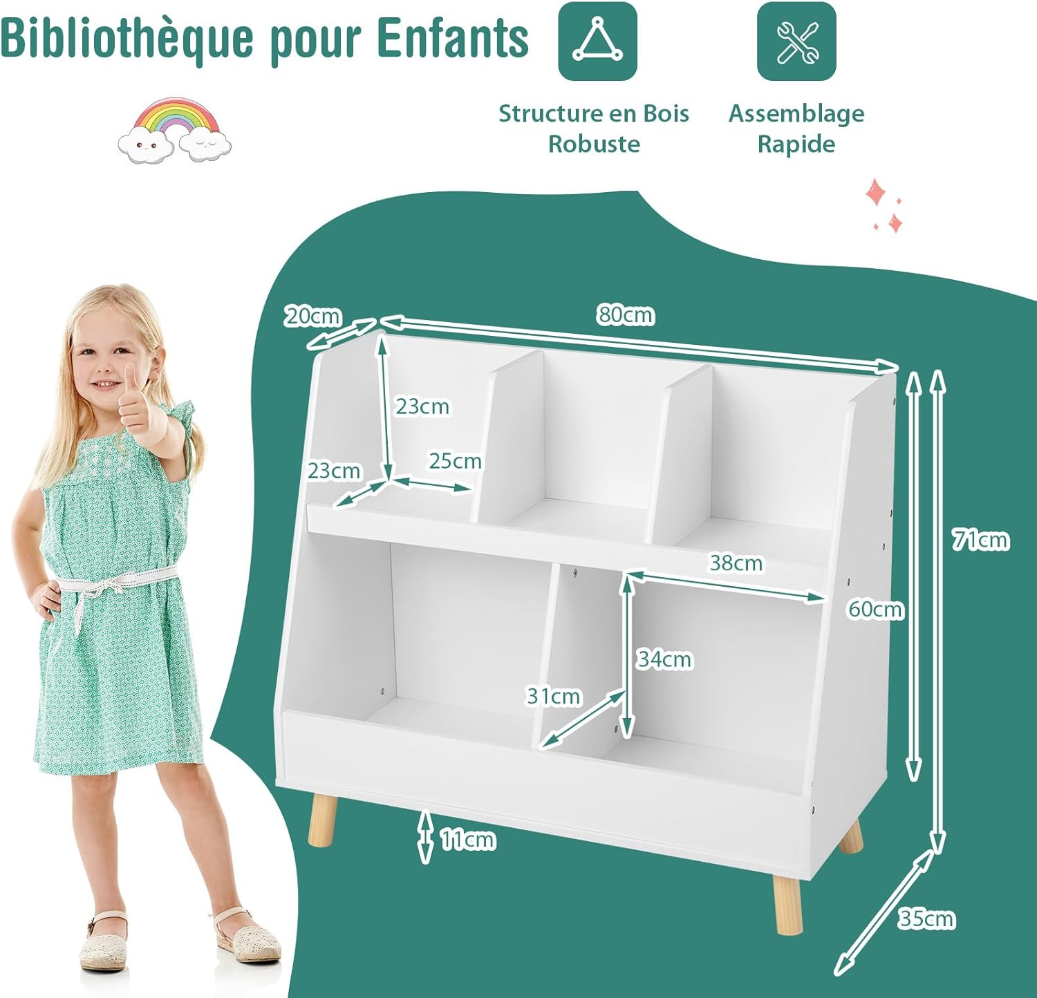 Libreria per Bambini a 5 Cubi, Scaffale Portagiochi a 2 Livelli con Gambe in Legno e Kit Antiribaltamento, per Stanza dei Giochi Camera da Let - 3