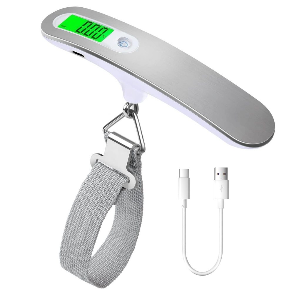 Cyfrowa waga podróżna z akumulatorem i paskiem do bagażu, walizek, maksymalna waga: 50 kg, wyświetlacz LCD, port USB typu C.