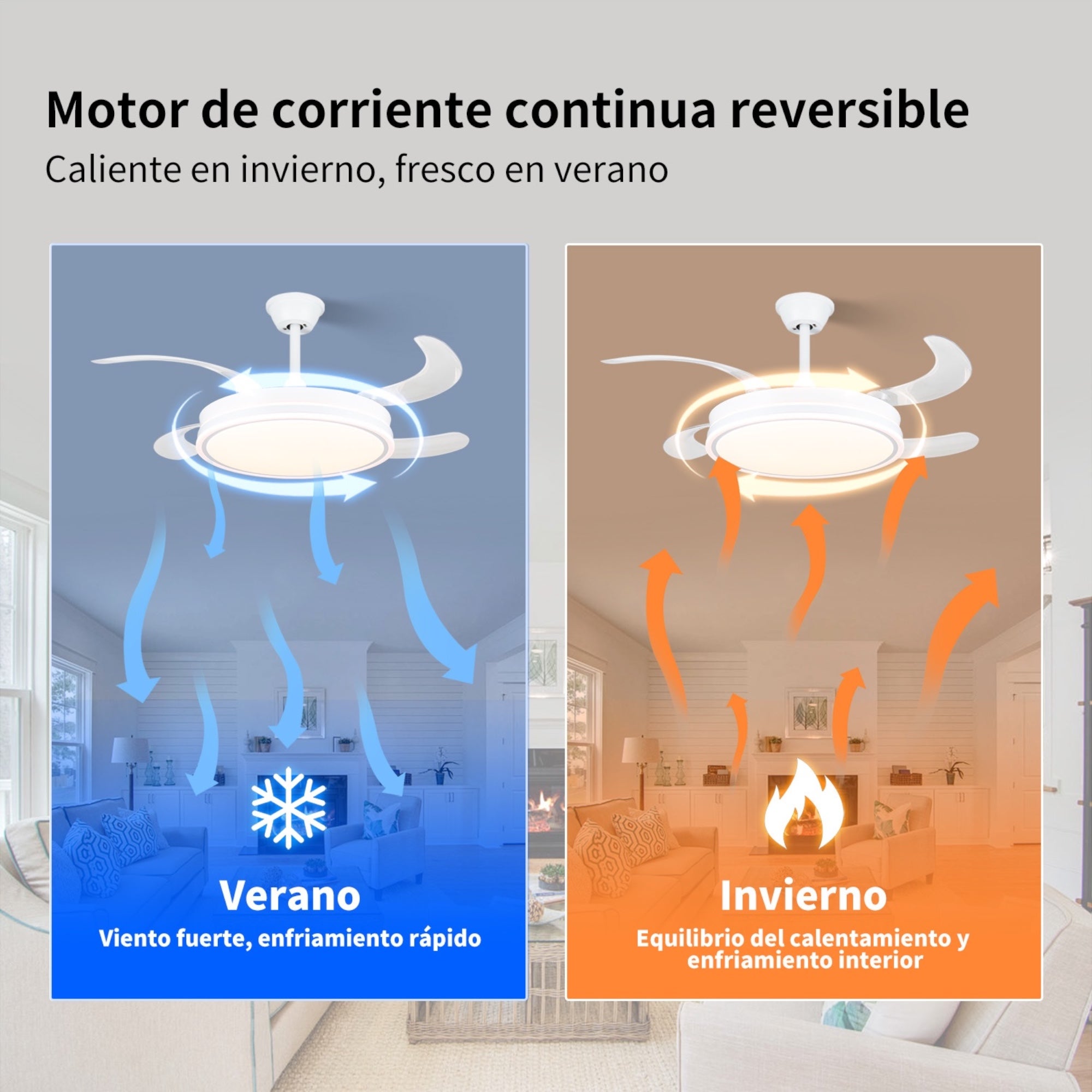 Ventilador de techo con luz LED 36W Blanco en 3 Temperaturas de Luz con Mando a Distancia -Motor DC Eficiente y Silencioso, 3 tonalidades, aspas despl - 8