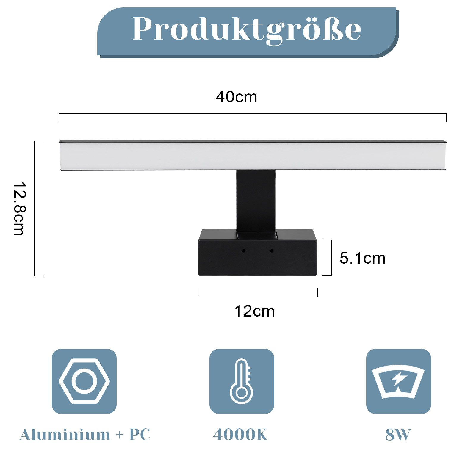 NETTLIFE Aplique de baño LED, lámpara de Espejo LED, lámpara de Armario IP44, luz Blanca neutra Moderna 4000k MAX.8W, 40×5,1×12,8 cm, Negro - 6