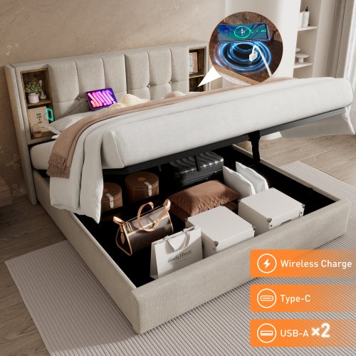 Lit coffre Lit double lit 160x200cm lit rembourré ,avec chargement sans fil USB C, sommier à lattes en bois, lin ,Beige - 5