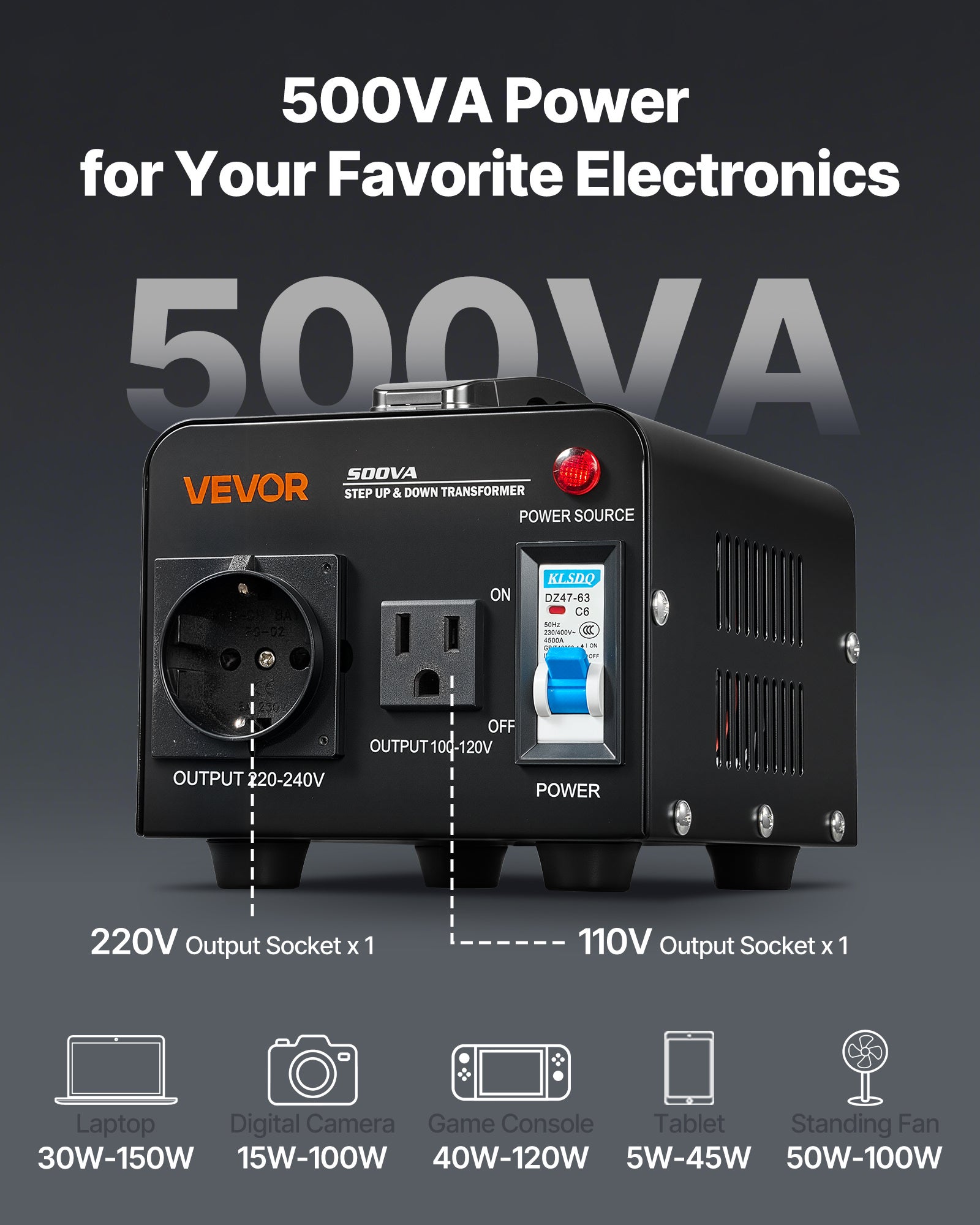 Transformateur VEVOR 220 V à 110 V et 110 V à 220 V, 500 VA, avec Prise Américaine, Prise Européenne, Cordon d'Alimentation, Protection Disjoncteur - 4