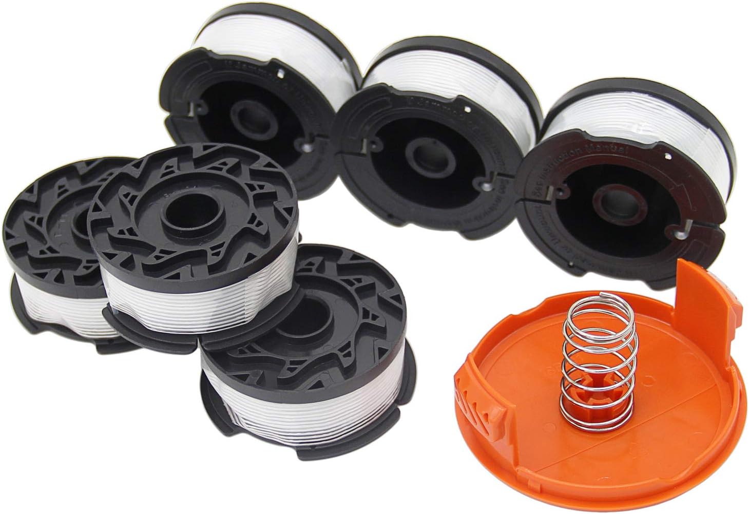 6 sztuk szpul z żyłką do podkaszarek Black &amp; Decker (żyłki nylonowe o długości 9,1 m, średnicy 1,65 mm z pokrywką szpuli)