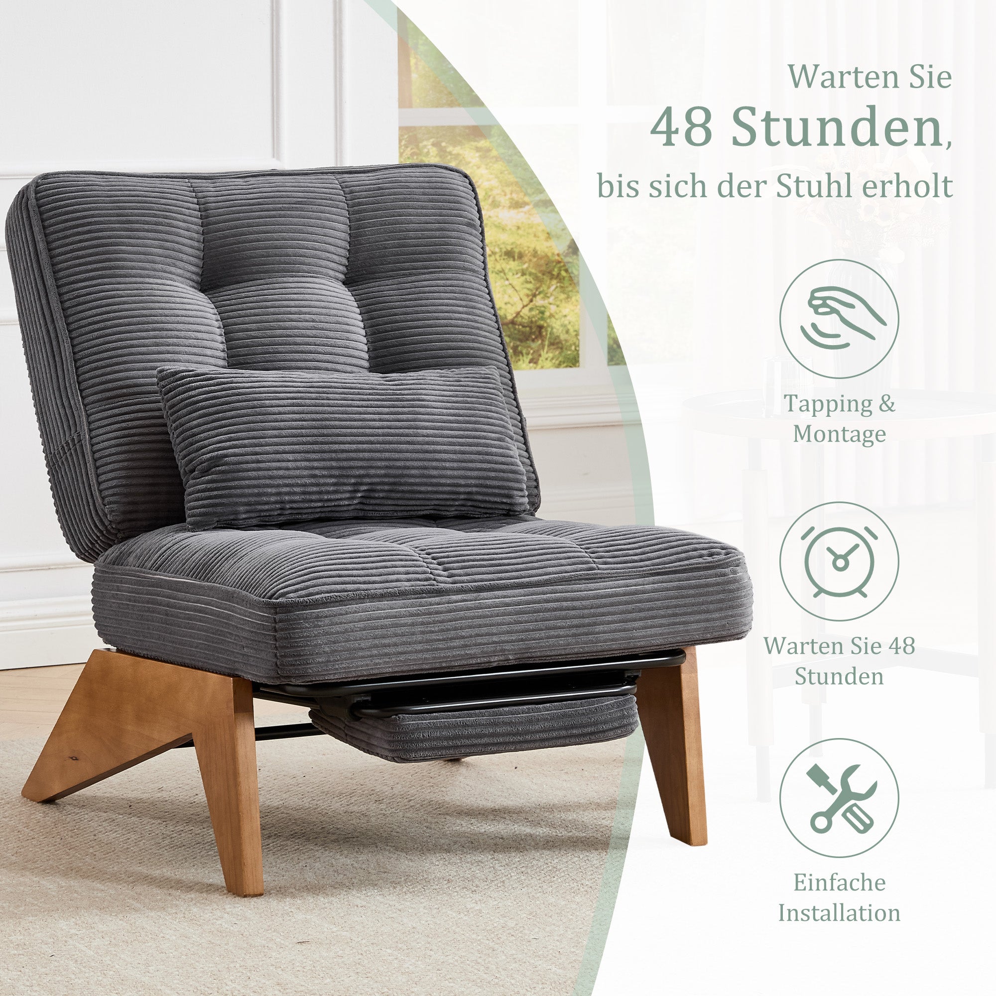 Fauteuil lounge moderne (sans dossier réglable, tissu) : repose-pieds, coussin lombaire, pieds en bois. Salon/chambre/bureau. - 2