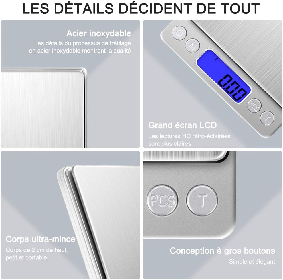 Balance de précision 500g 0.01g, balance de cuisine balance de poche balance à bijoux, balance électronique de haute précision, écran LCD - 6