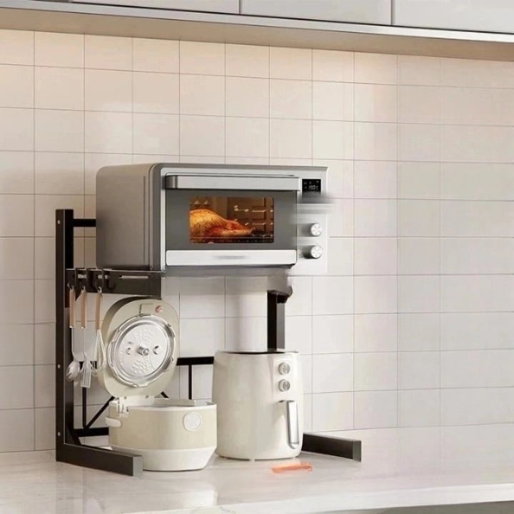 Półka kuchenna, uchwyt na kuchenkę mikrofalową i urządzenie do gotowania ryżu, wysuwana półka, 2 poziomy - 58×33×59 cm - Czarny