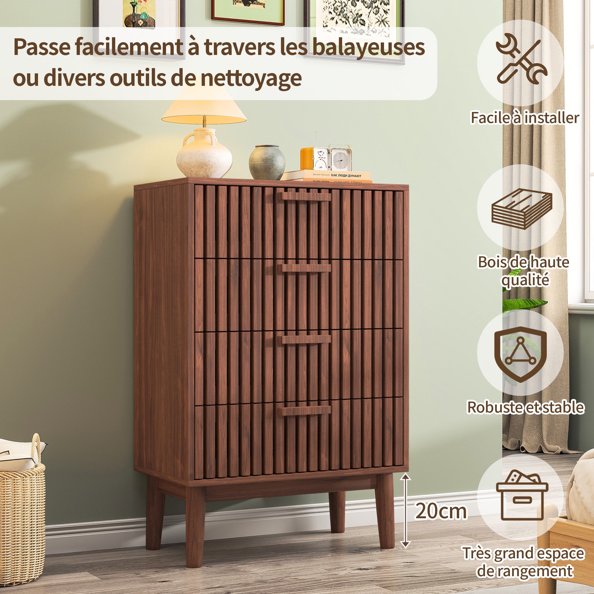 Commode 4 tiroirs poignées - Chiffonnier - patins antidérapants+Conception anti basculement métal - B60 cm - grand espace de rangement - coloris noyer - 6