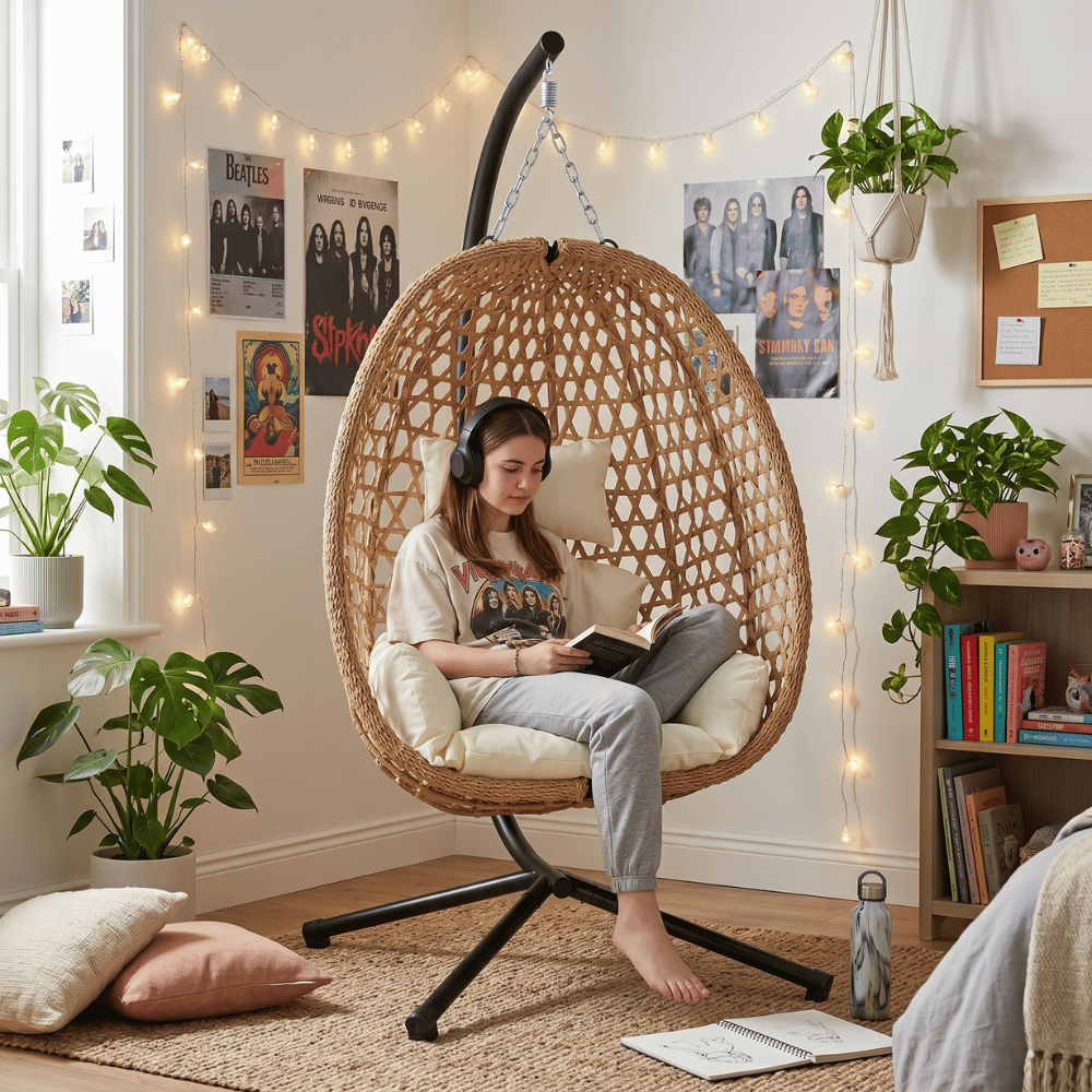 Fotel wiszący styl boho kokon ogrodowy składany poduszki FUNFIT GARDEN - 4