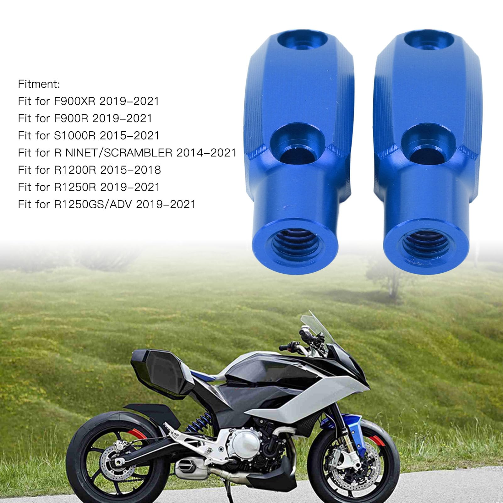 paio di supporti per specchietti moto M10 X 1,5 filettatura oraria regolabile morsetto per specchietto manubrio in ferro per F900XR G310R (blu) - 4