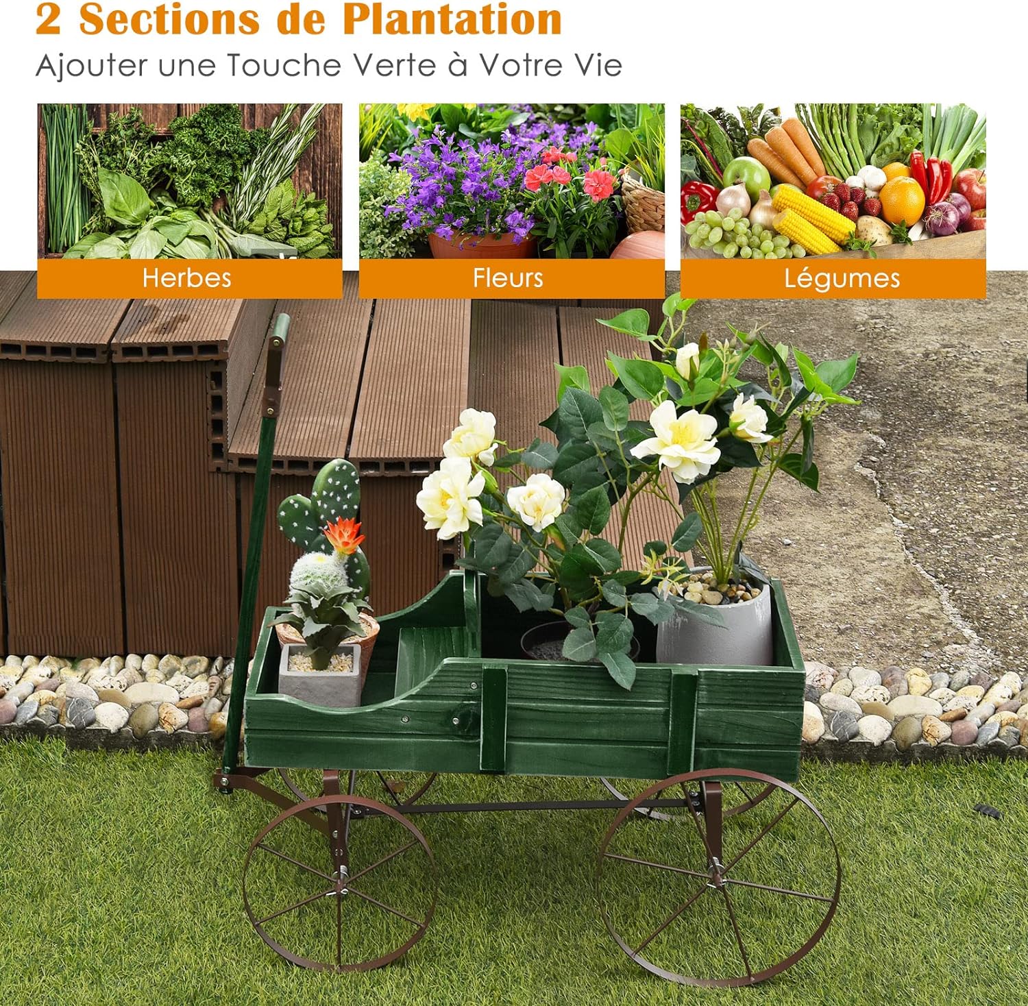 Jardinière Forme Brouette Chariot Décoratif en Bois avec Bac de Plantation pour Jardinières,Jusqu’à 15kg 35×62,5×60cm (Vert) - 9