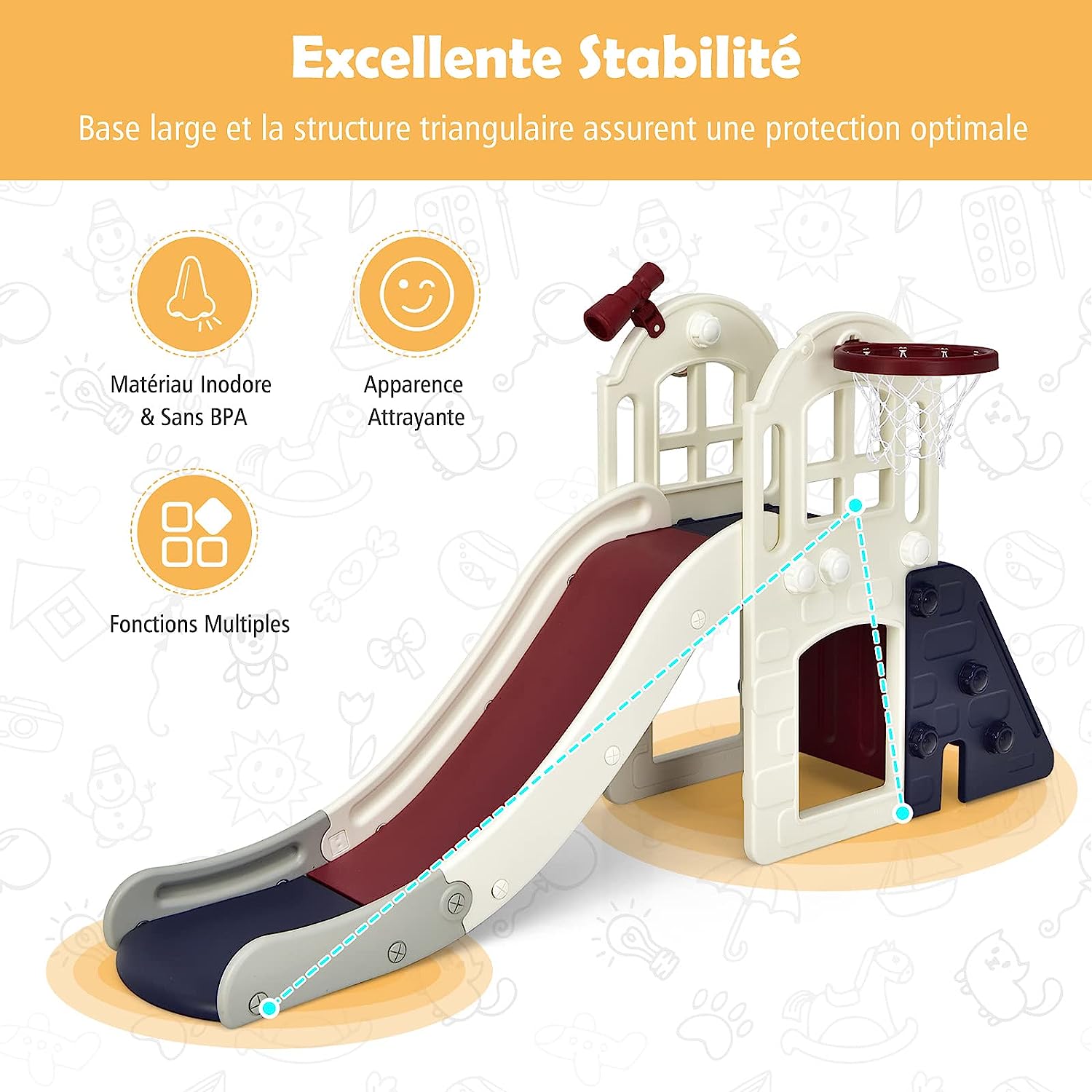 Toboggan 6 en 1 pour Enfant - Glisse de 140 CM - avec Panier de Basket, Escalade, Bleu - 4