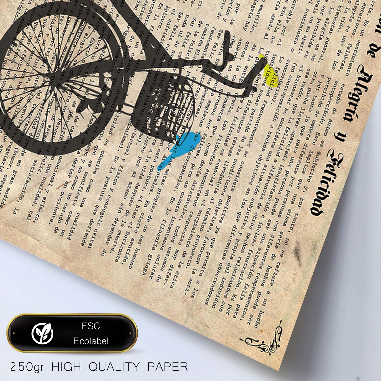 Poster de bici con pajaros. láminas de bicicletas definiciones. marco madera clara - a3